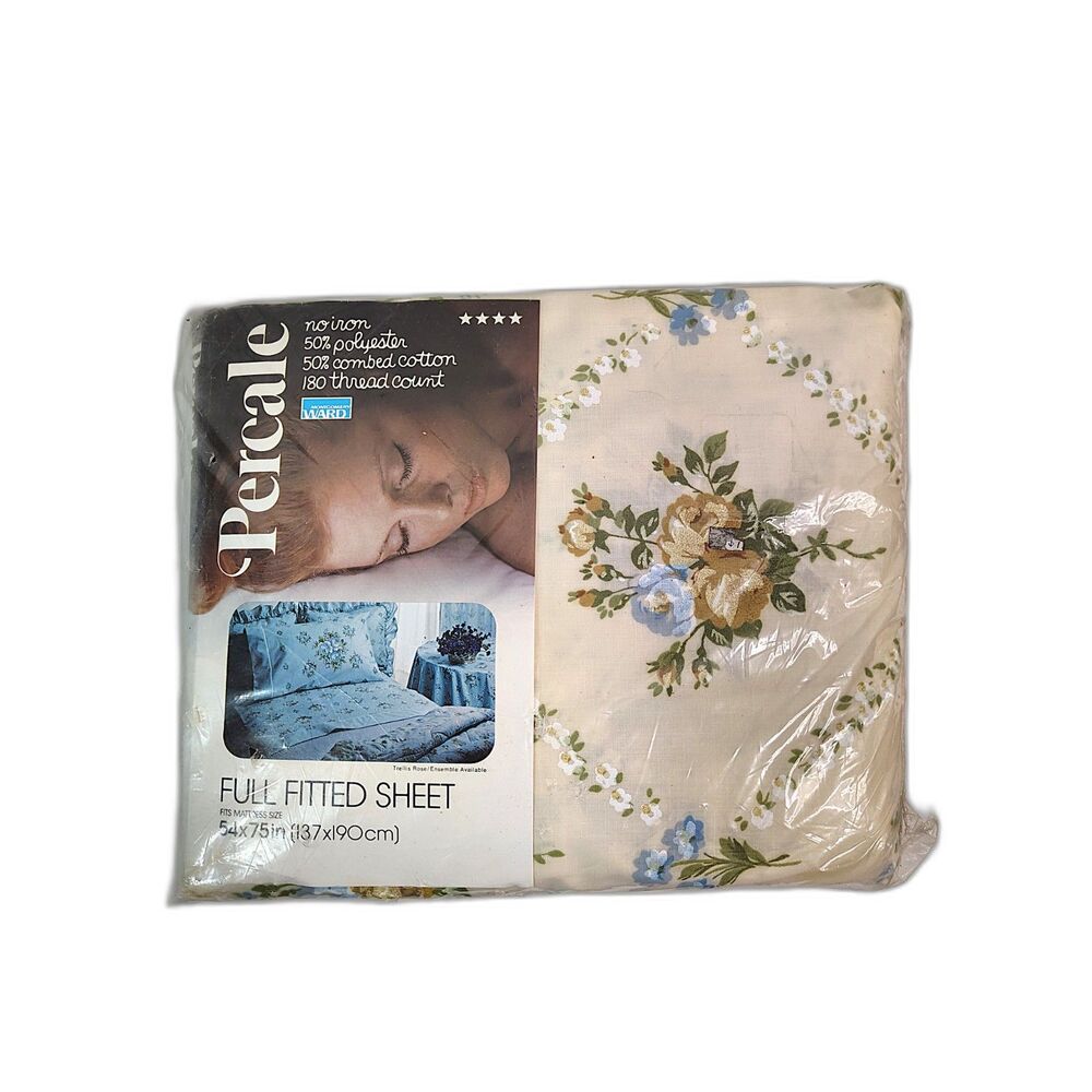 NOS Vtg Percale Eggshell Floral Fitted Sheet Full Size Montgomery Ward USA NEW